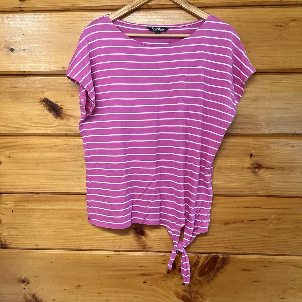 LRL Ralph Lauren Top Women Large Pink White Stripe Tie Tee Shirt Cap Sleeve
